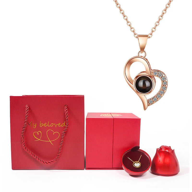 100 Languages I Love You Projection Necklace With Rose Gift Box 2023 Fashion Luxury Pendant Jewelry For Girlfriend Best Gifts