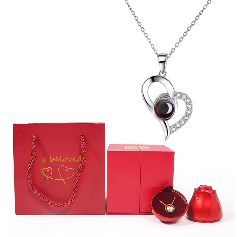 100 Languages I Love You Projection Necklace With Rose Gift Box 2023 Fashion Luxury Pendant Jewelry For Girlfriend Best Gifts