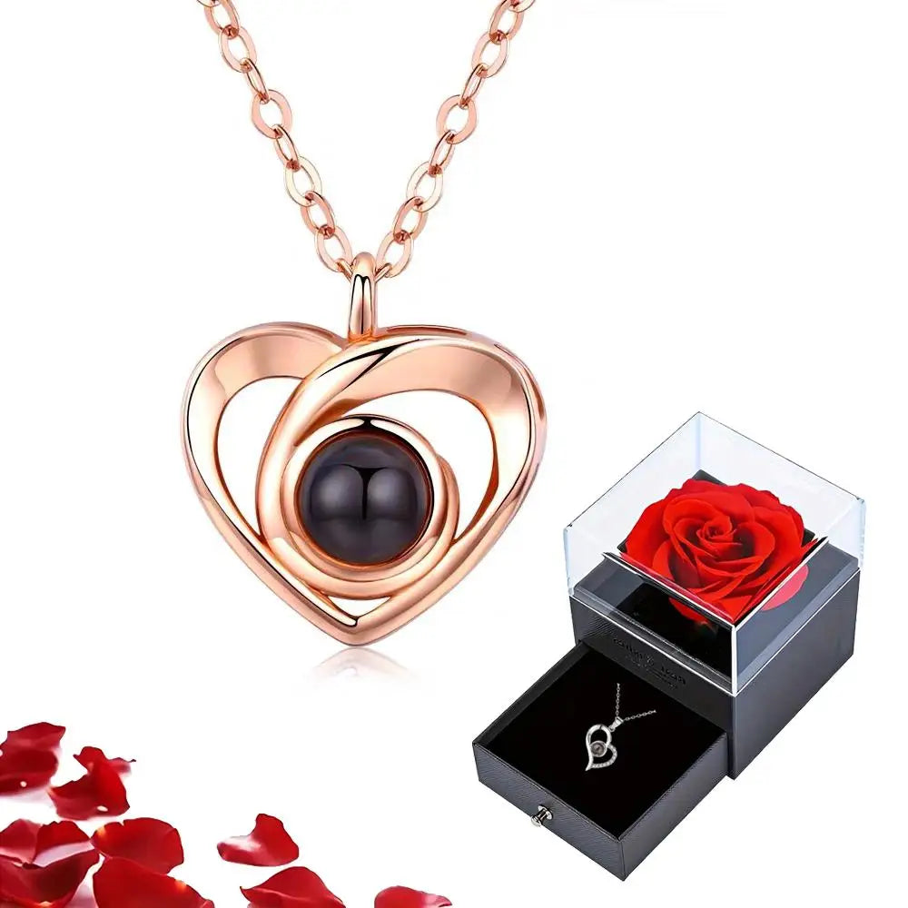 100 Languages I Love You Projection Necklaces With Rose Flower Gift Box Copper Heart Pendant Titanium Steel Chain 2024 Fashion