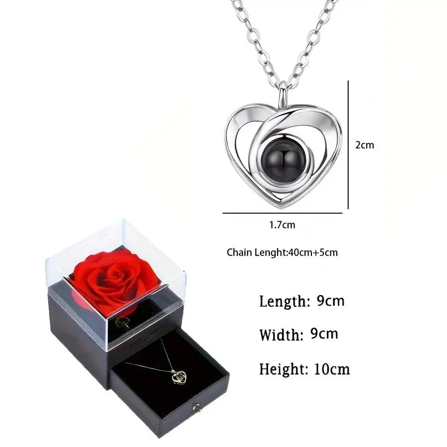 100 Languages I Love You Projection Necklaces With Rose Flower Gift Box Copper Heart Pendant Titanium Steel Chain 2024 Fashion