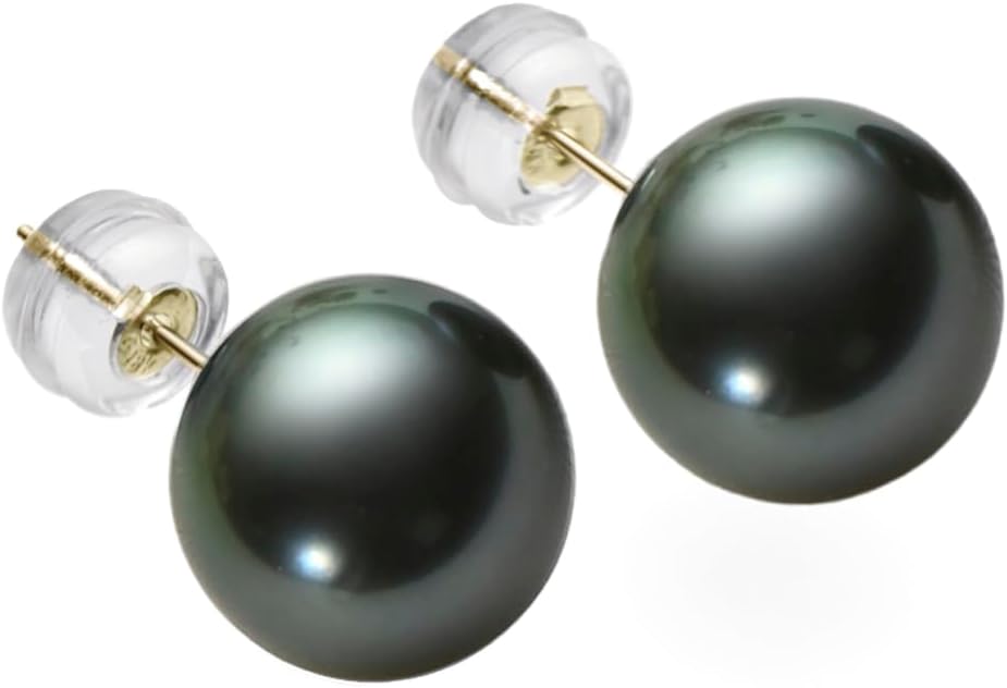 18K Gold Black Pearl Stud Earrings for Women, Genuine Tahitian Cultured Pearl Jewelry Gifts for Her 8-9/9-10/10-11mm