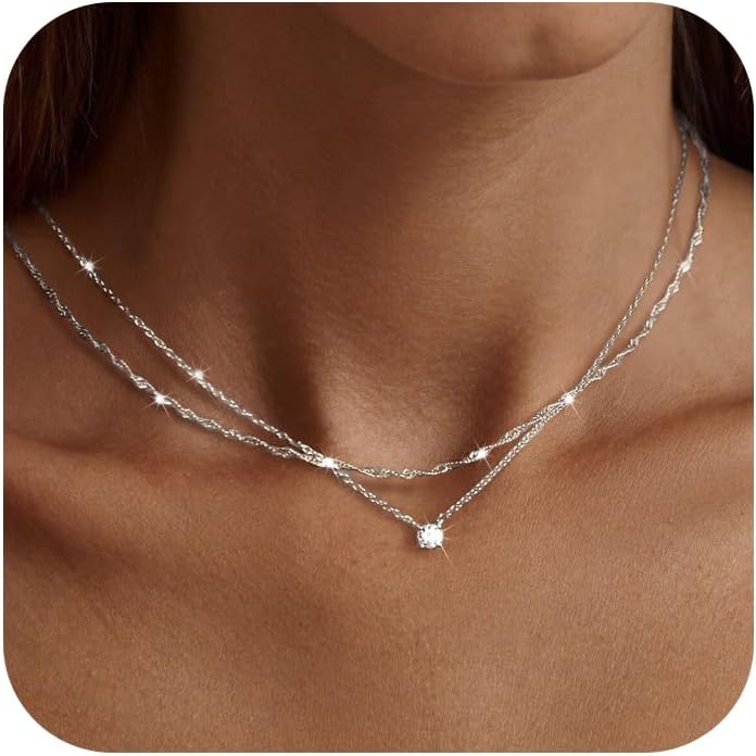 Tewiky Diamond Necklaces for Women, Dainty 14k Gold/Sterling Silver Choker Necklace Simple Gold Plated CZ Jewelry Necklaces for Women Trendy Gifts