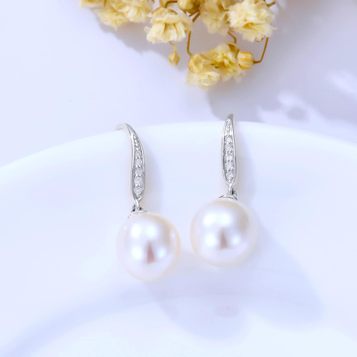 10k 14k Gold Natural Diamond and Freshwater Cultured Pearl Dangle Earrings for Women, Fine Jewelry for Her