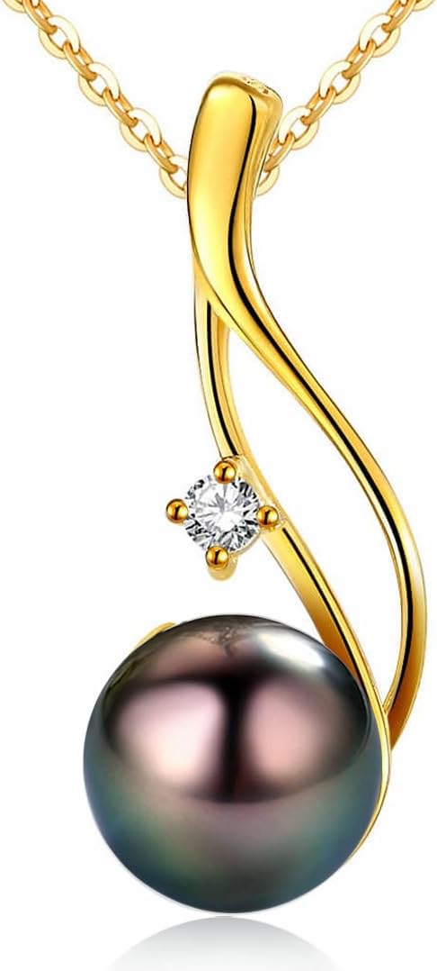 Tahitian Black Pearl Pendant Necklace 18K Gold Over Sterling Silver 19 Inch Adjustible Chain - Real Black Pearls Jewelry Gifts for Women Wife Mom Daughter