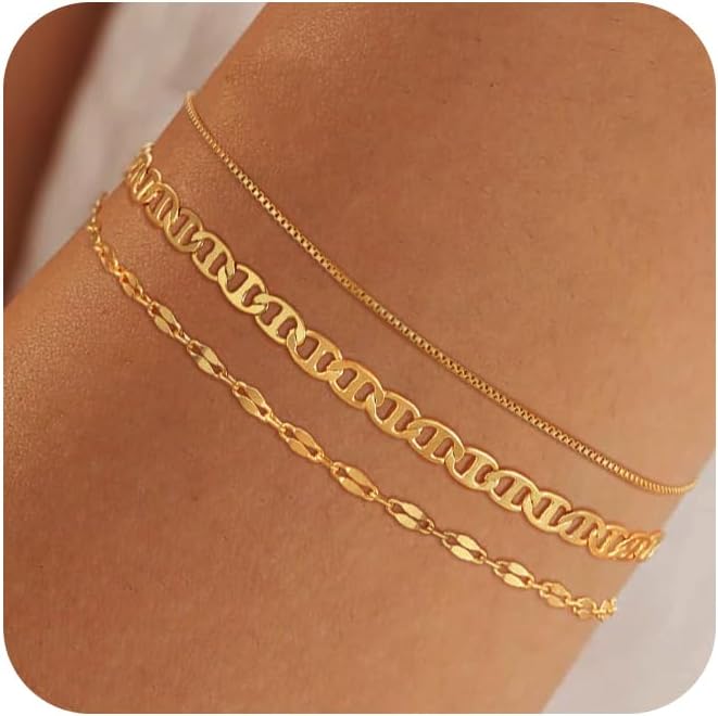 MBW Gold Bracelets for Women, 14K Dainty Gold Plated Stackable Bracelets for Women Trendy Gold Bracelet Stack Set Waterproof Chain Bracelets Paperclip Adjustable Tennis Minimalist Tiny Cute Jewelry