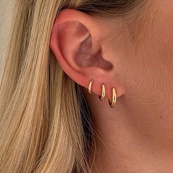 Small Gold Huggie Hoop Earrings Set for Women 14K Real Gold Plated Hypoallergenic Lightweight Earrings for Sensitive Ears Everyday Earrings Sets for Multiple Piercing Cartilage Hoop Earrings Stack Jewelry