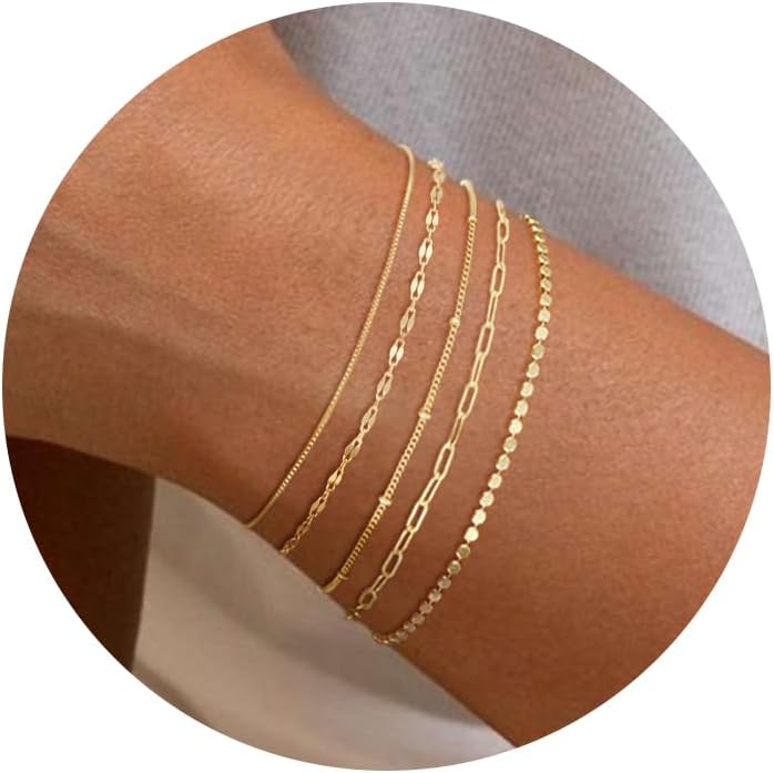 MBW Gold Bracelets for Women, 14K Dainty Gold Plated Stackable Bracelets for Women Trendy Gold Bracelet Stack Set Waterproof Chain Bracelets Paperclip Adjustable Tennis Minimalist Tiny Cute Jewelry