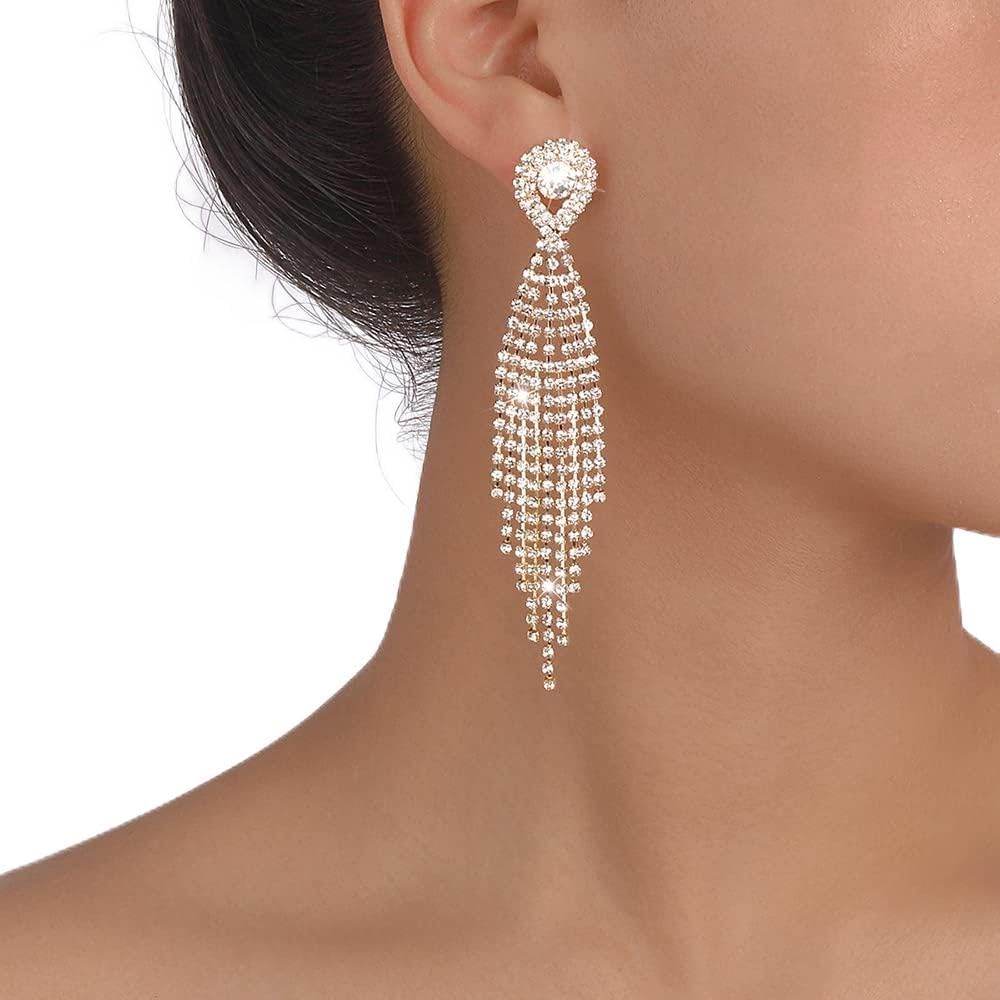 Denifery Teardrop Crystal Chandelier Earrings Long Tassels Dangle Earrings Sparkling Rhinestone Ladies Gifts Statement Earrings Bridal Wedding Jewelry