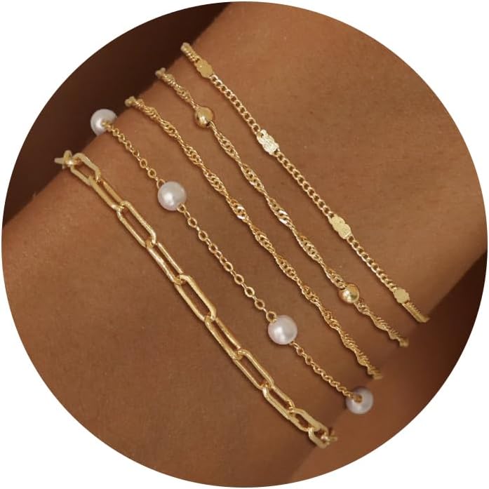 MBW Gold Bracelets for Women, 14K Dainty Gold Plated Stackable Bracelets for Women Trendy Gold Bracelet Stack Set Waterproof Chain Bracelets Paperclip Adjustable Tennis Minimalist Tiny Cute Jewelry