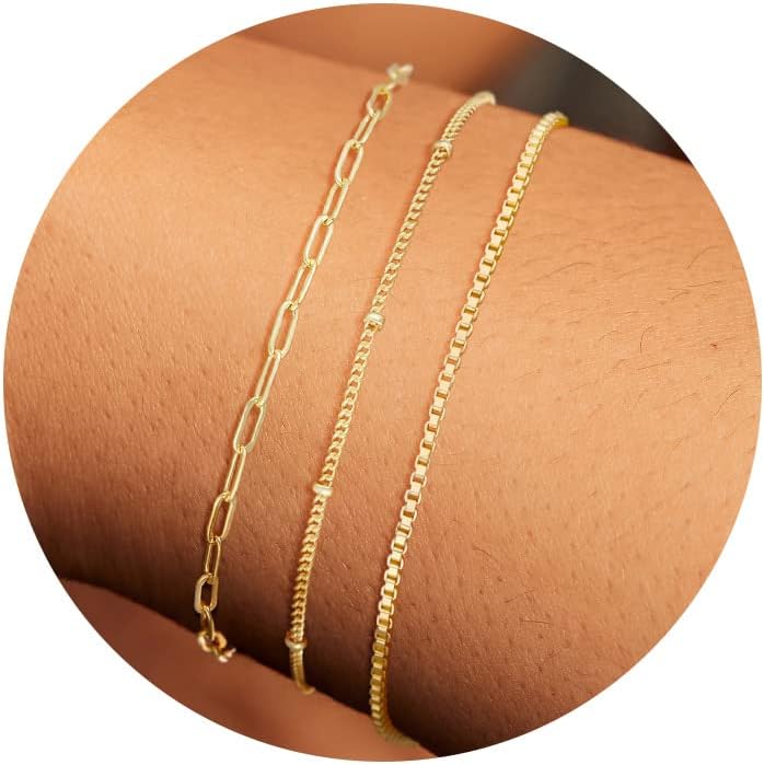 MBW Gold Bracelets for Women, 14K Dainty Gold Plated Stackable Bracelets for Women Trendy Gold Bracelet Stack Set Waterproof Chain Bracelets Paperclip Adjustable Tennis Minimalist Tiny Cute Jewelry