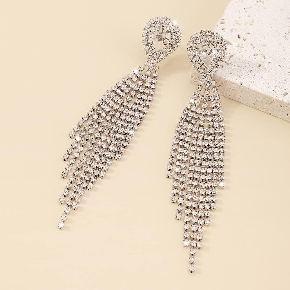 Denifery Teardrop Crystal Chandelier Earrings Long Tassels Dangle Earrings Sparkling Rhinestone Ladies Gifts Statement Earrings Bridal Wedding Jewelry