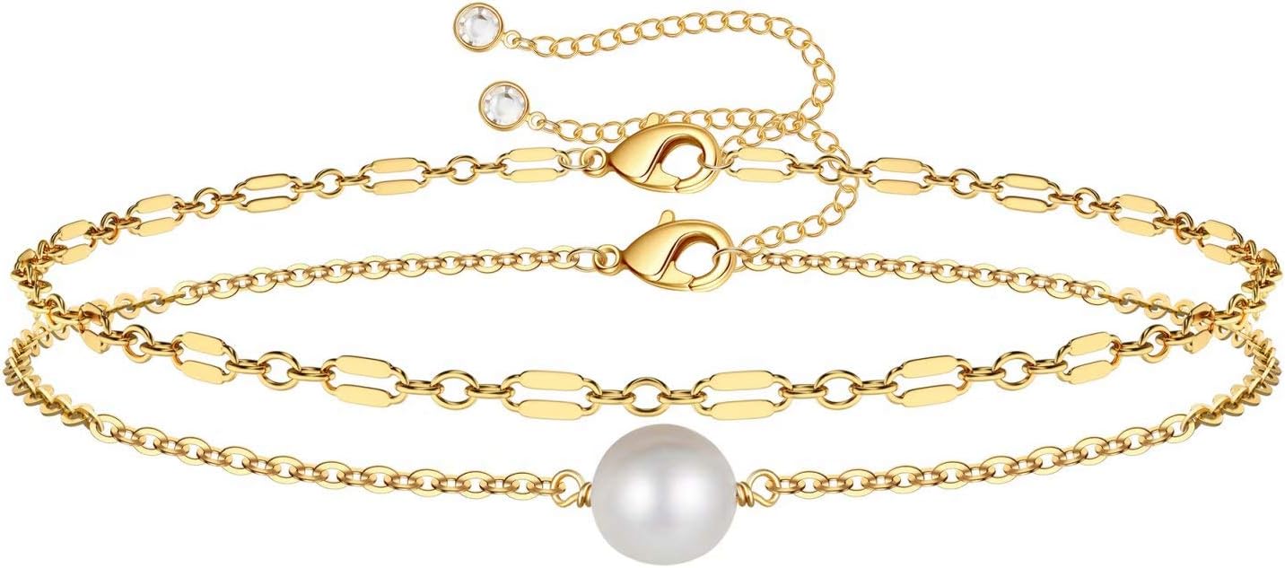 Dainty Gold Bracelets for Women, 14K Gold Filled Adjustable Layered Bracelet Cute Evil Eye Oval Chain Pearl Bar Turtle Gold Bracelets for Women Jewelry