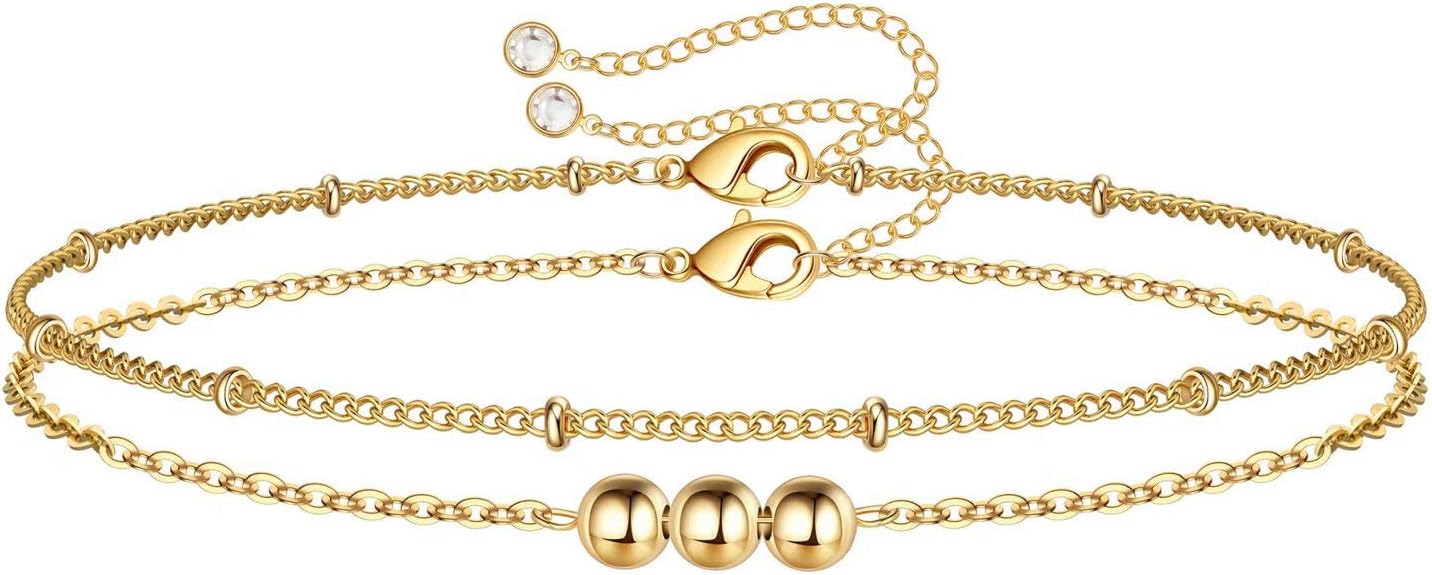 Dainty Gold Bracelets for Women, 14K Gold Filled Adjustable Layered Bracelet Cute Evil Eye Oval Chain Pearl Bar Turtle Gold Bracelets for Women Jewelry