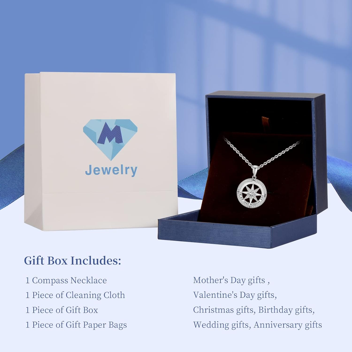 Gifts for Wife Anniversary Compass Necklace for Women Birthday Jewelry For Her Girlfriend Valentines Day Mothers Day Gifts For Mom Christmas Wedding Gifts for Her Anniversary White Gold and Yellow Gold I'd Be Lost Without You Gifts for Her(18k Real Gold F