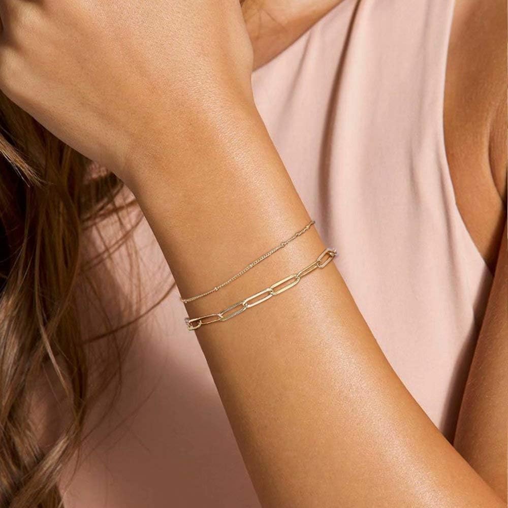 Dainty Gold Bracelets for Women, 14K Gold Filled Adjustable Layered Bracelet Cute Evil Eye Oval Chain Pearl Bar Turtle Gold Bracelets for Women Jewelry