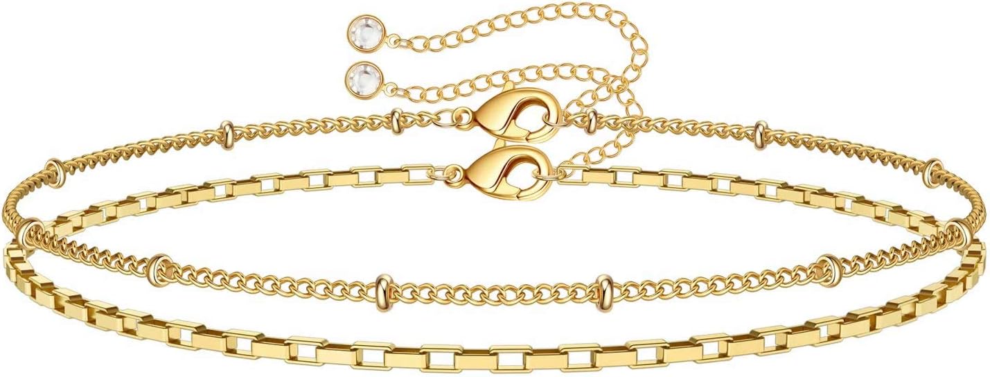 Dainty Gold Bracelets for Women, 14K Gold Filled Adjustable Layered Bracelet Cute Evil Eye Oval Chain Pearl Bar Turtle Gold Bracelets for Women Jewelry