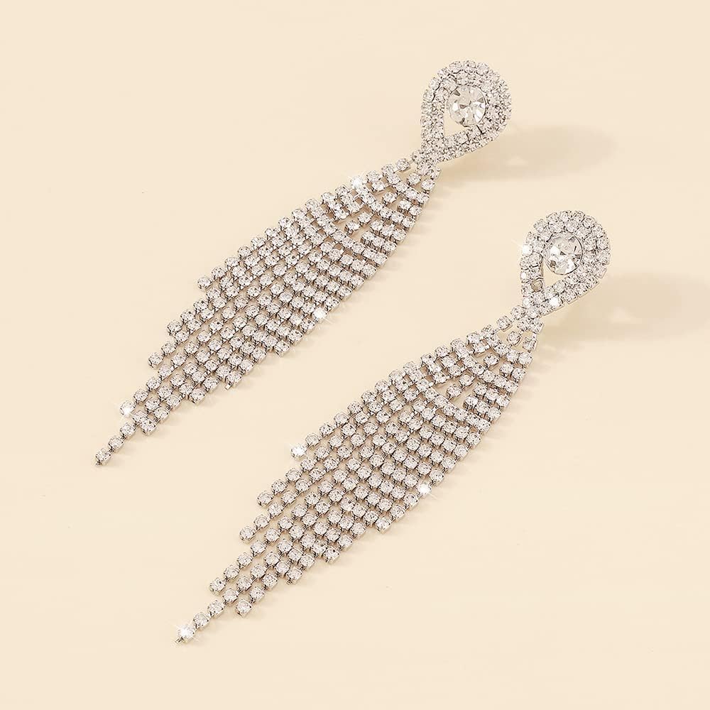 Denifery Teardrop Crystal Chandelier Earrings Long Tassels Dangle Earrings Sparkling Rhinestone Ladies Gifts Statement Earrings Bridal Wedding Jewelry