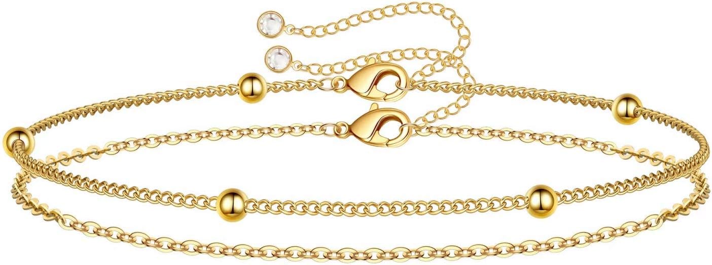 Dainty Gold Bracelets for Women, 14K Gold Filled Adjustable Layered Bracelet Cute Evil Eye Oval Chain Pearl Bar Turtle Gold Bracelets for Women Jewelry