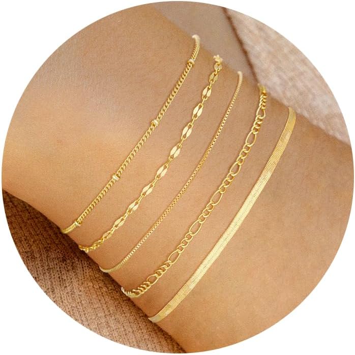 MBW Gold Bracelets for Women, 14K Dainty Gold Plated Stackable Bracelets for Women Trendy Gold Bracelet Stack Set Waterproof Chain Bracelets Paperclip Adjustable Tennis Minimalist Tiny Cute Jewelry