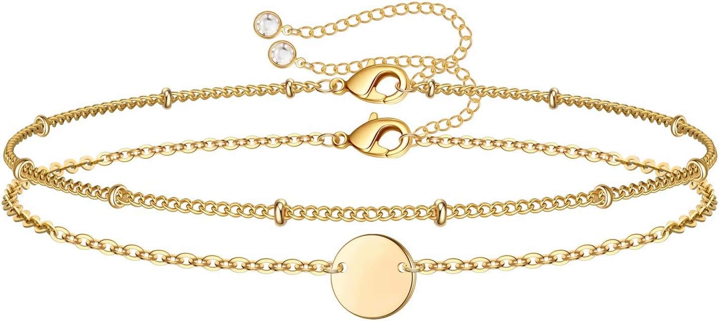 Dainty Gold Bracelets for Women, 14K Gold Filled Adjustable Layered Bracelet Cute Evil Eye Oval Chain Pearl Bar Turtle Gold Bracelets for Women Jewelry