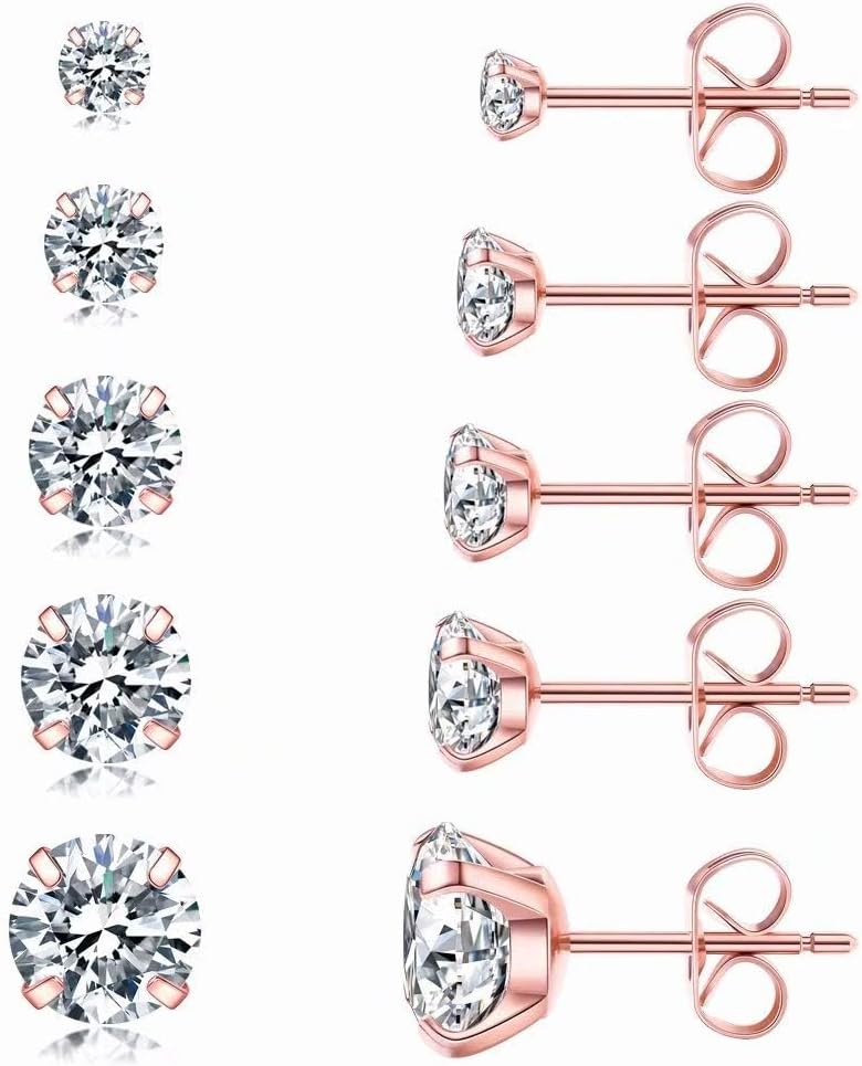 5 Pairs Stud Earrings Set, Hypoallergenic Cubic Zirconia 316L Earrings Stainless Steel CZ Earrings 3-8mm (Steel color)