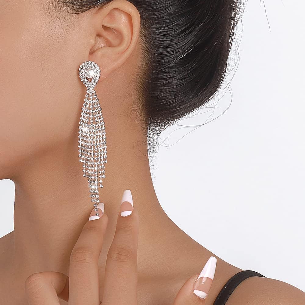 Denifery Teardrop Crystal Chandelier Earrings Long Tassels Dangle Earrings Sparkling Rhinestone Ladies Gifts Statement Earrings Bridal Wedding Jewelry