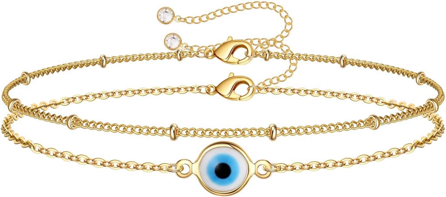 Dainty Gold Bracelets for Women, 14K Gold Filled Adjustable Layered Bracelet Cute Evil Eye Oval Chain Pearl Bar Turtle Gold Bracelets for Women Jewelry