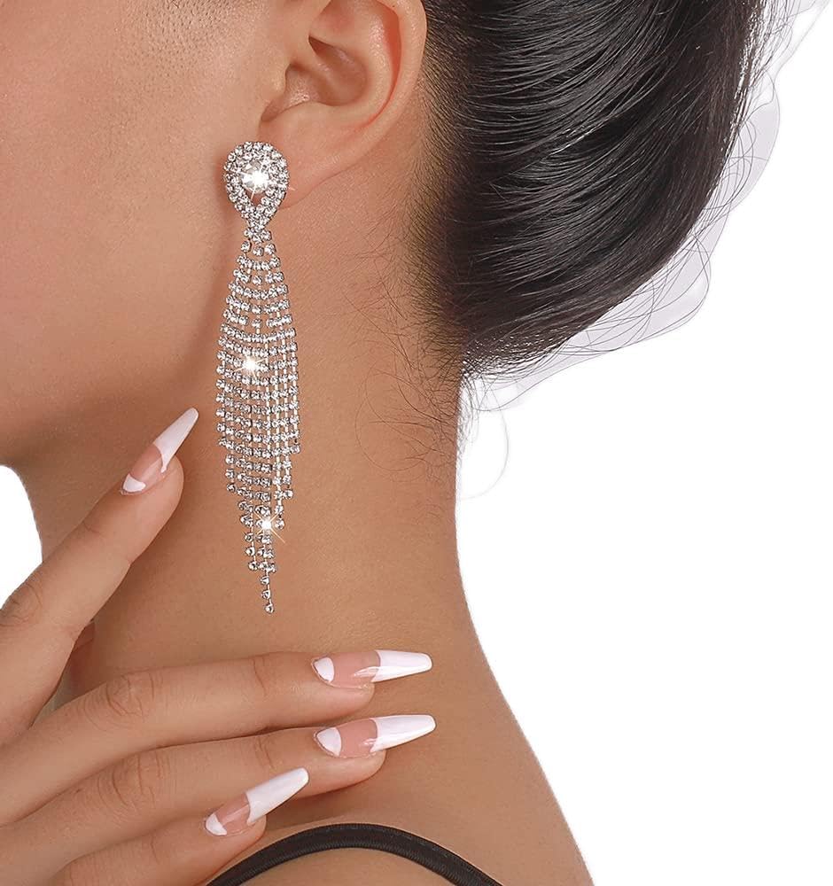 Denifery Teardrop Crystal Chandelier Earrings Long Tassels Dangle Earrings Sparkling Rhinestone Ladies Gifts Statement Earrings Bridal Wedding Jewelry