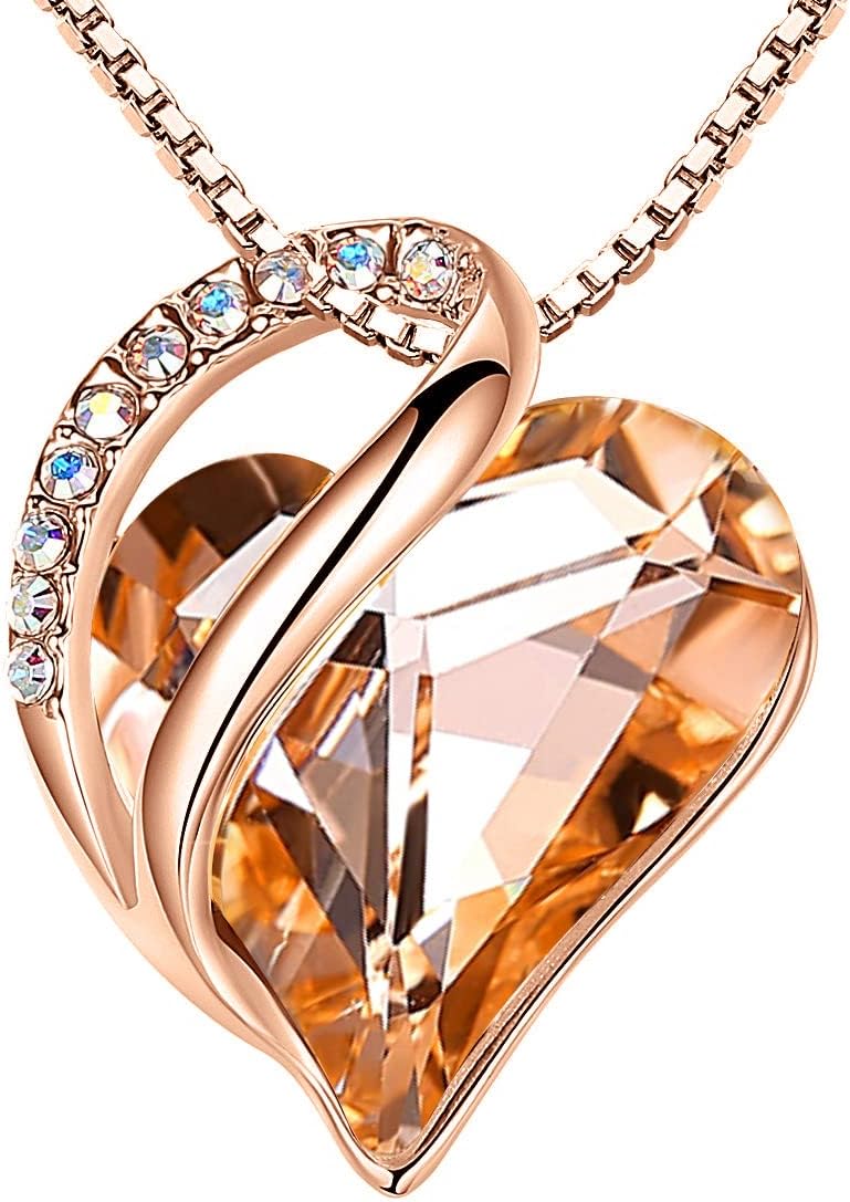 Leafael Rose Gold Plated Necklace for Women: Heart Shaped Birthstone/Healing Crystals Center, Dazzling Cubic Zirconia, Hypoallergenic Chain (18"+2"), Jewelry Gifts for Anniversaries and Birthdays