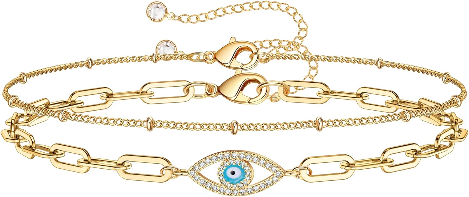 Dainty Gold Bracelets for Women, 14K Gold Filled Adjustable Layered Bracelet Cute Evil Eye Oval Chain Pearl Bar Turtle Gold Bracelets for Women Jewelry