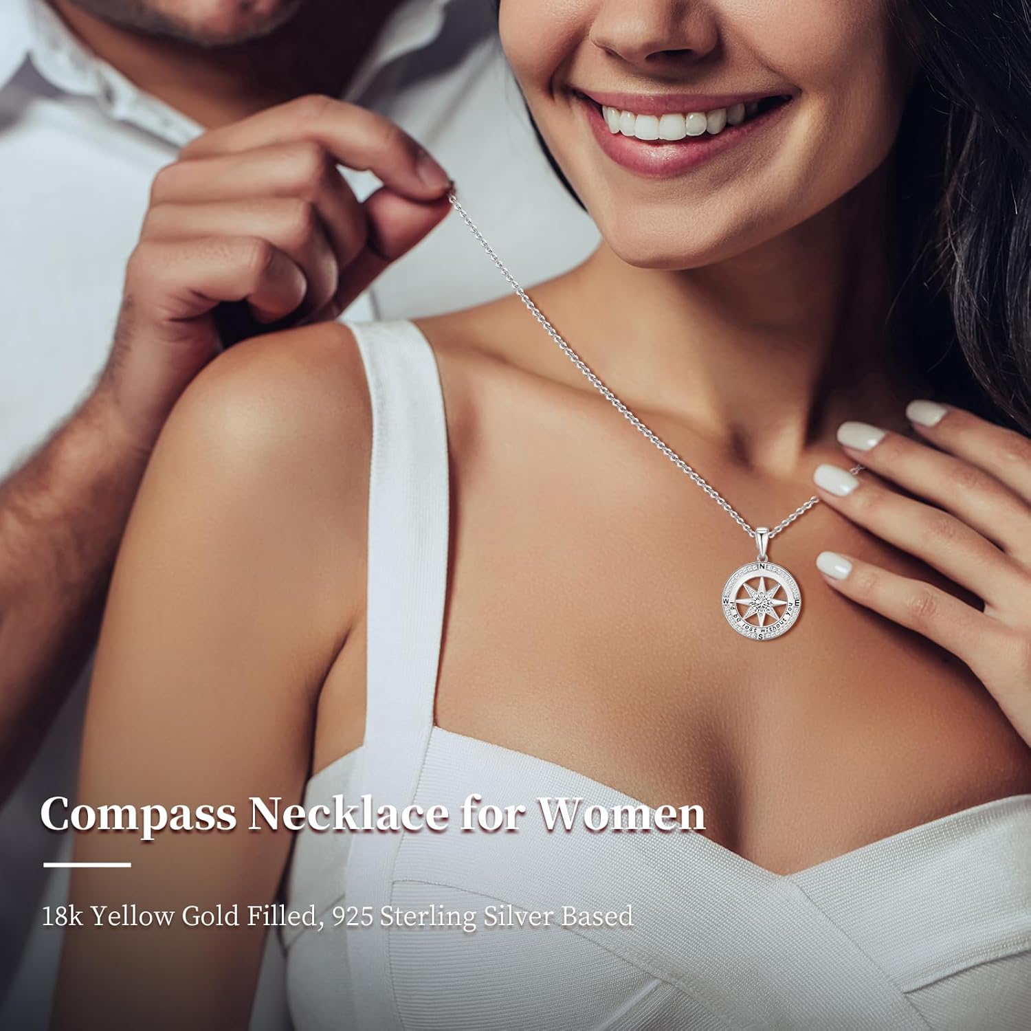 Gifts for Wife Anniversary Compass Necklace for Women Birthday Jewelry For Her Girlfriend Valentines Day Mothers Day Gifts For Mom Christmas Wedding Gifts for Her Anniversary White Gold and Yellow Gold I'd Be Lost Without You Gifts for Her(18k Real Gold F