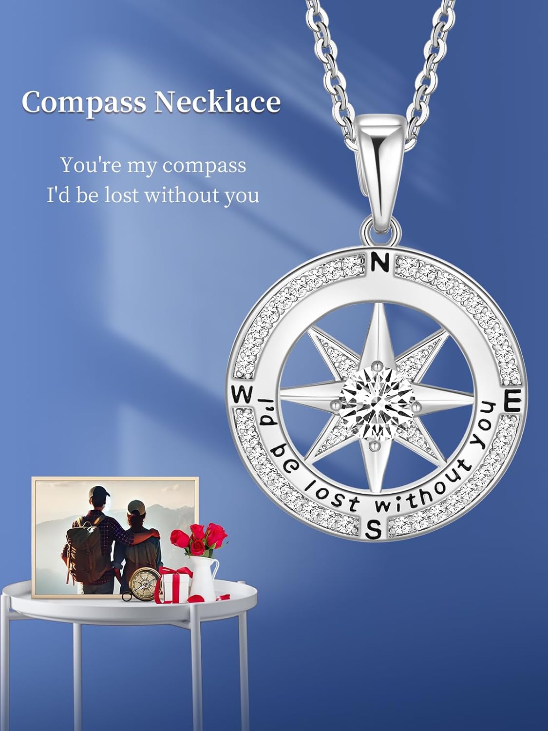 Gifts for Wife Anniversary Compass Necklace for Women Birthday Jewelry For Her Girlfriend Valentines Day Mothers Day Gifts For Mom Christmas Wedding Gifts for Her Anniversary White Gold and Yellow Gold I'd Be Lost Without You Gifts for Her(18k Real Gold F