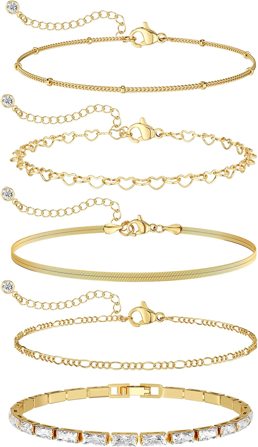 MBW Gold Bracelets for Women, 14K Dainty Gold Plated Stackable Bracelets for Women Trendy Gold Bracelet Stack Set Waterproof Chain Bracelets Paperclip Adjustable Tennis Minimalist Tiny Cute Jewelry