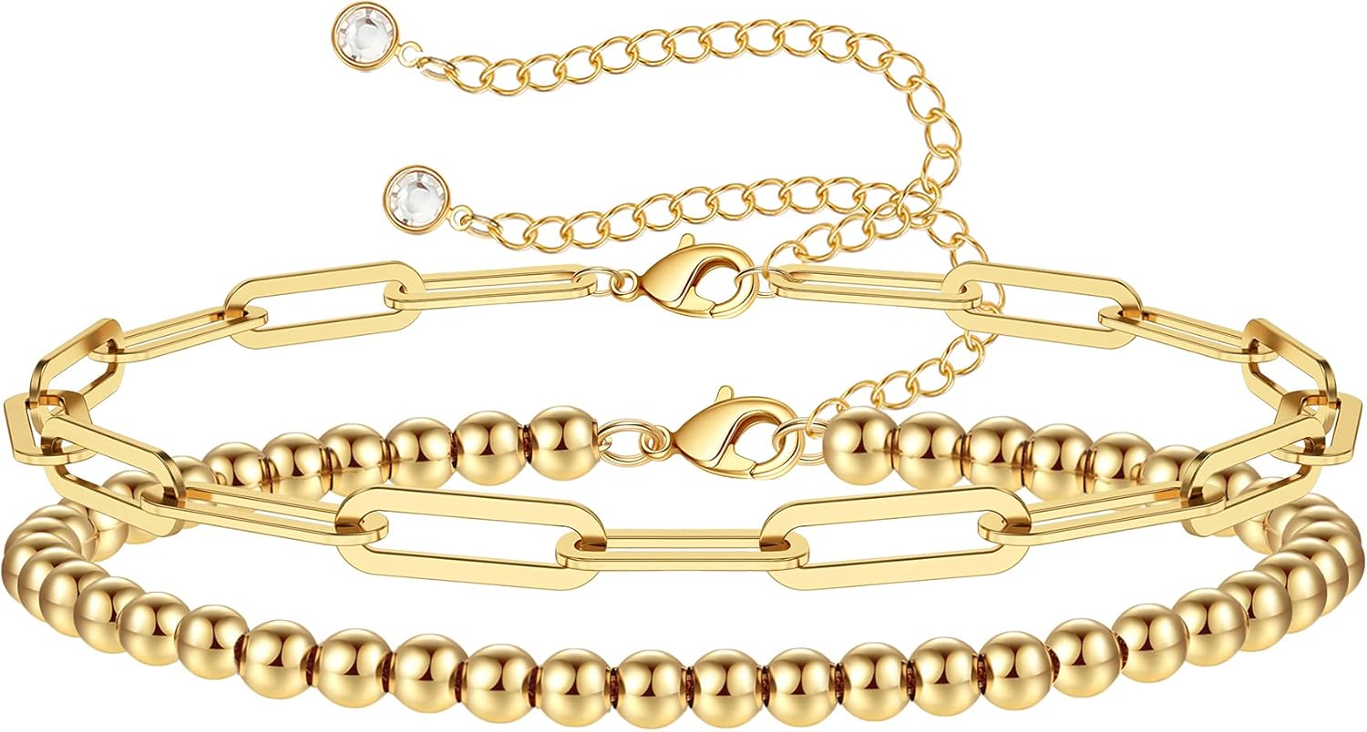 Dainty Gold Bracelets for Women, 14K Gold Filled Adjustable Layered Bracelet Cute Evil Eye Oval Chain Pearl Bar Turtle Gold Bracelets for Women Jewelry