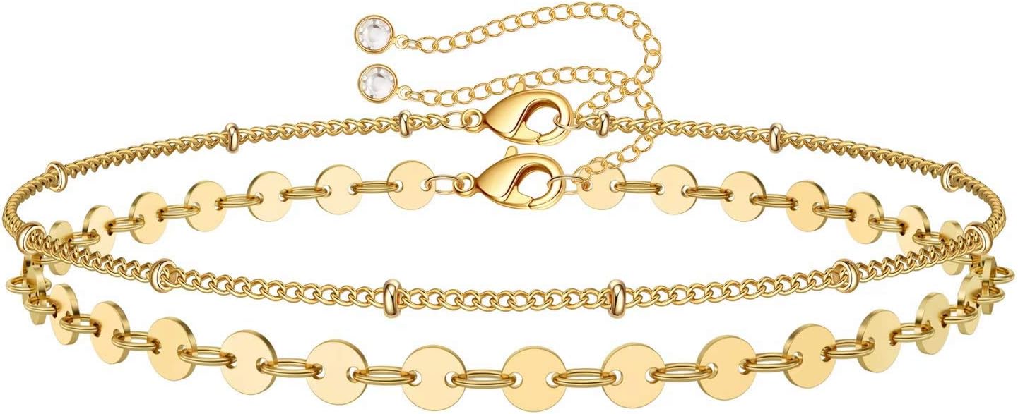 Dainty Gold Bracelets for Women, 14K Gold Filled Adjustable Layered Bracelet Cute Evil Eye Oval Chain Pearl Bar Turtle Gold Bracelets for Women Jewelry