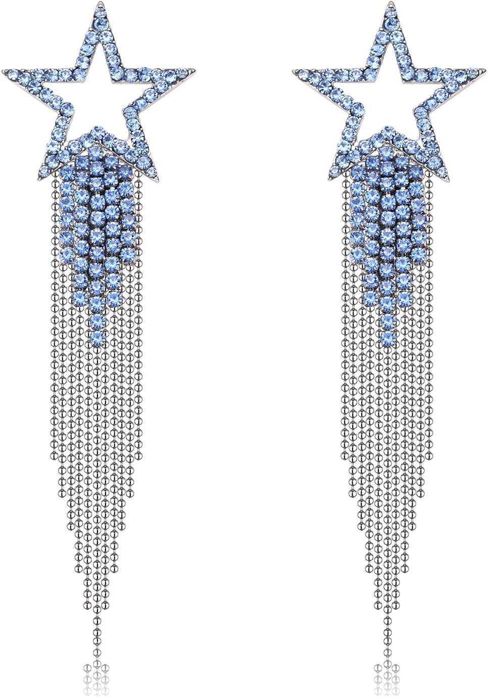 Women’s Tassel Earrings Star Ear Stud Pave Crystal Dangle Earrings Boho Waterfall Beaded Fringe Drop Earring