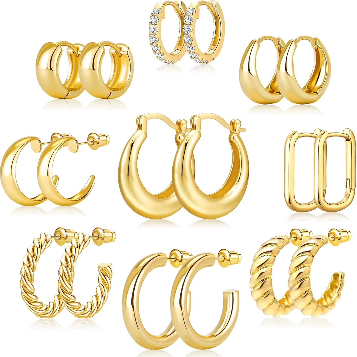 Adoyi 9 Pairs Gold Hoop Earrings Set for Womens Gold Twisted Huggie Hoops Earrings 14K 18K Gold Plated for Girls Gift Lightweight