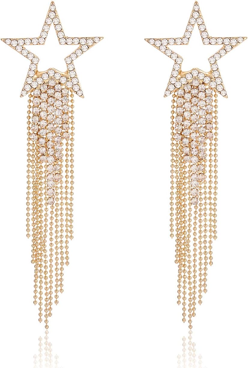 Women’s Tassel Earrings Star Ear Stud Pave Crystal Dangle Earrings Boho Waterfall Beaded Fringe Drop Earring