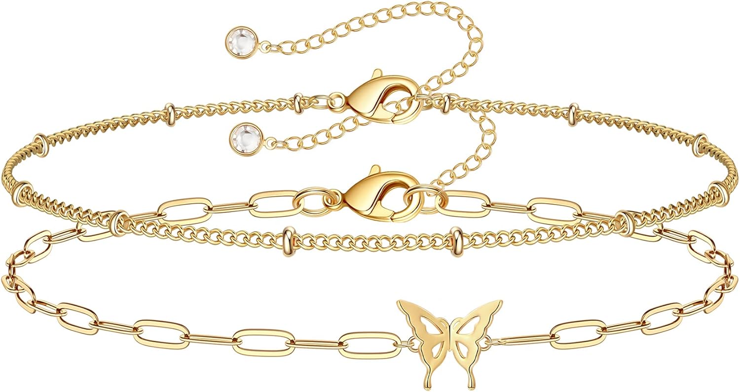 Dainty Gold Bracelets for Women, 14K Gold Filled Adjustable Layered Bracelet Cute Evil Eye Oval Chain Pearl Bar Turtle Gold Bracelets for Women Jewelry