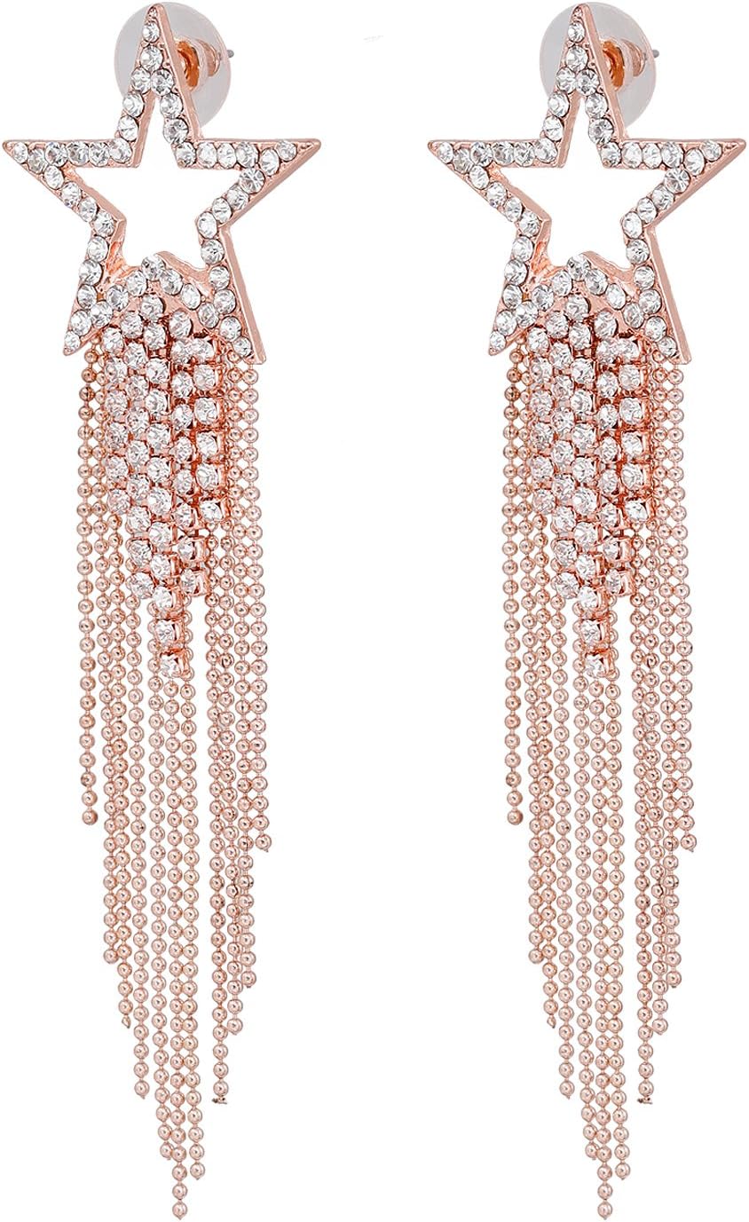 Women’s Tassel Earrings Star Ear Stud Pave Crystal Dangle Earrings Boho Waterfall Beaded Fringe Drop Earring