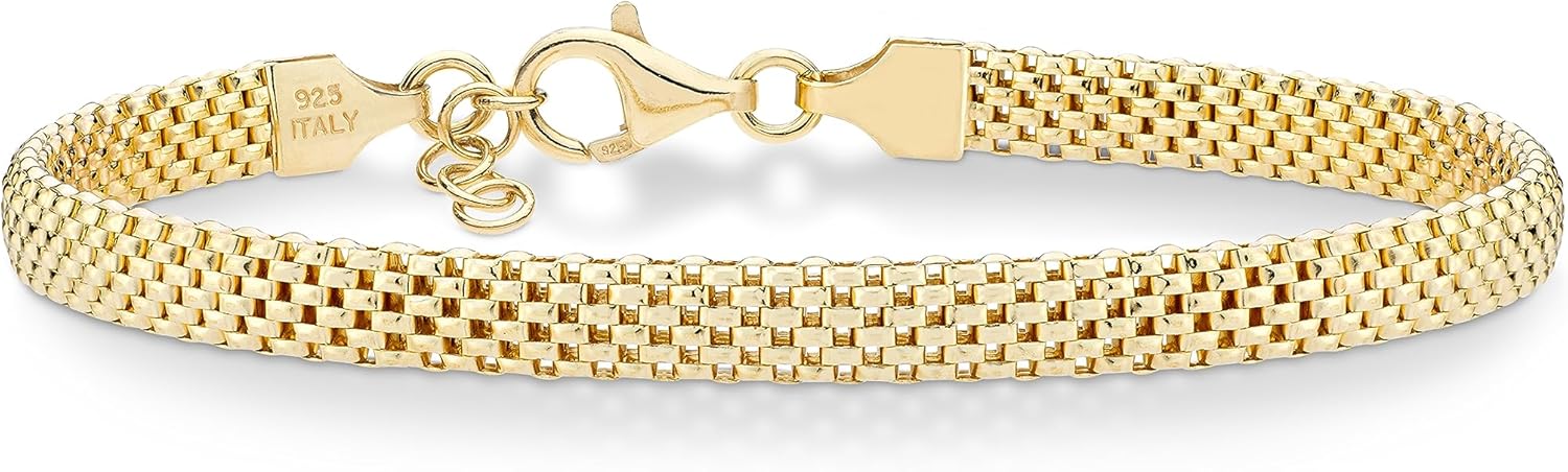 Miabella 18K Gold Over Sterling Silver Italian 5mm Mesh Link Chain Bracelet for Women, 925 Made in Italy