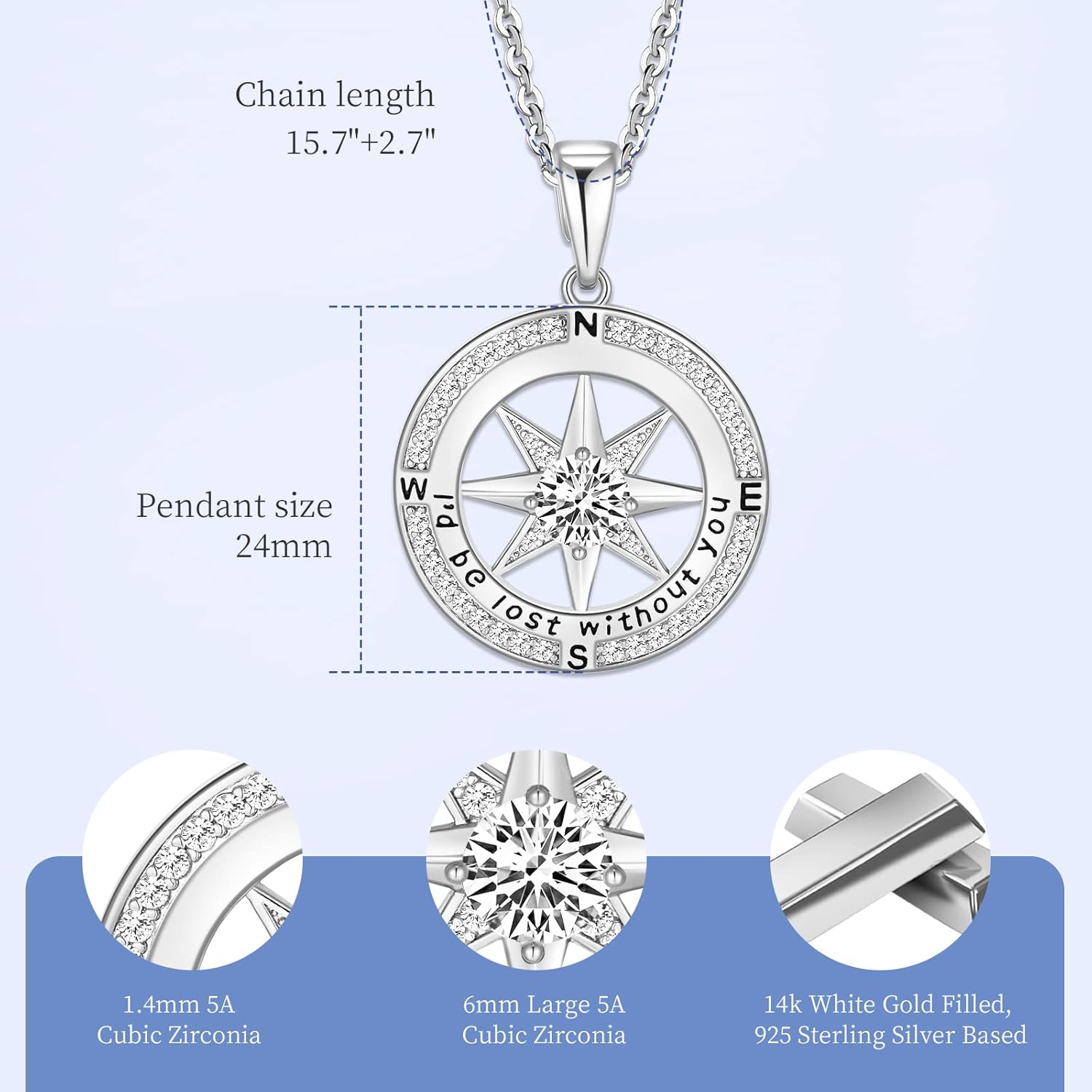 Gifts for Wife Anniversary Compass Necklace for Women Birthday Jewelry For Her Girlfriend Valentines Day Mothers Day Gifts For Mom Christmas Wedding Gifts for Her Anniversary White Gold and Yellow Gold I'd Be Lost Without You Gifts for Her(18k Real Gold F