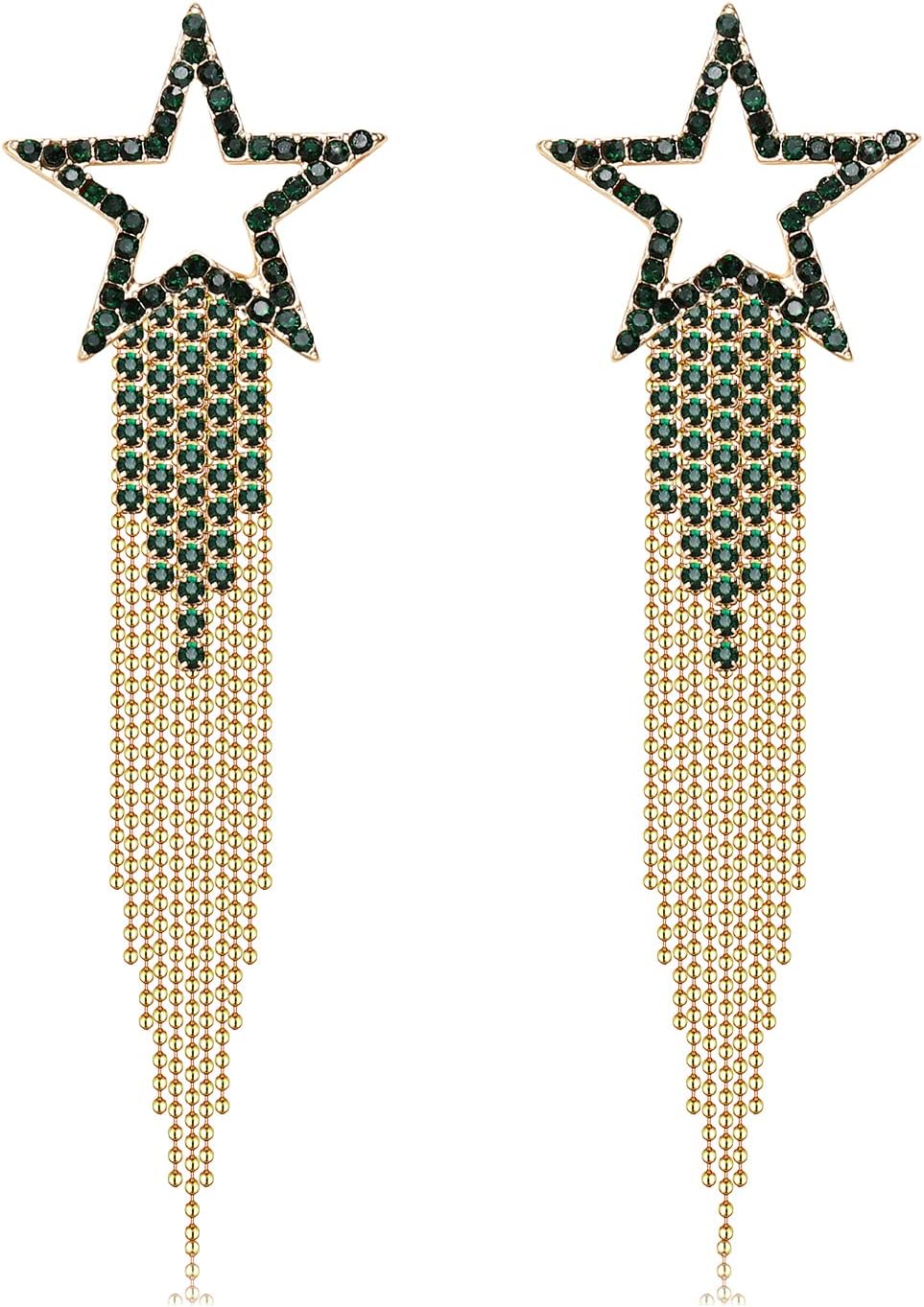 Women’s Tassel Earrings Star Ear Stud Pave Crystal Dangle Earrings Boho Waterfall Beaded Fringe Drop Earring