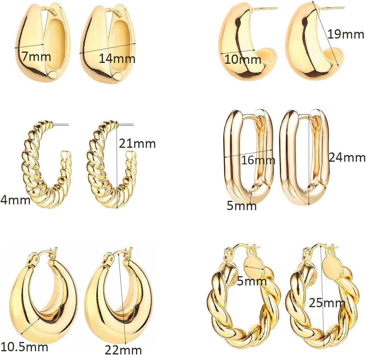 6 Pairs 14K Gold Hoop Earrings for Women Lightweight Chunky Hoop Earrings Multipack Hypoallergenic, Thick Open Twisted Huggie Hoops Earring Set Jewelry for Gifts.