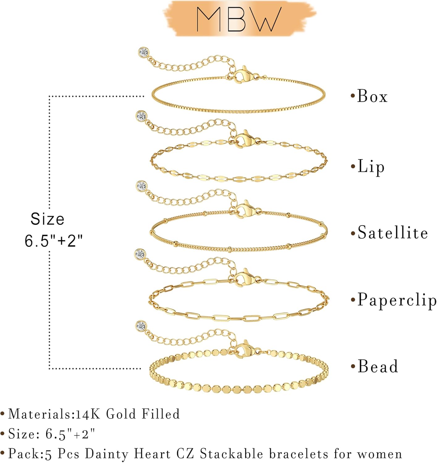 MBW Gold Bracelets for Women, 14K Dainty Gold Plated Stackable Bracelets for Women Trendy Gold Bracelet Stack Set Waterproof Chain Bracelets Paperclip Adjustable Tennis Minimalist Tiny Cute Jewelry