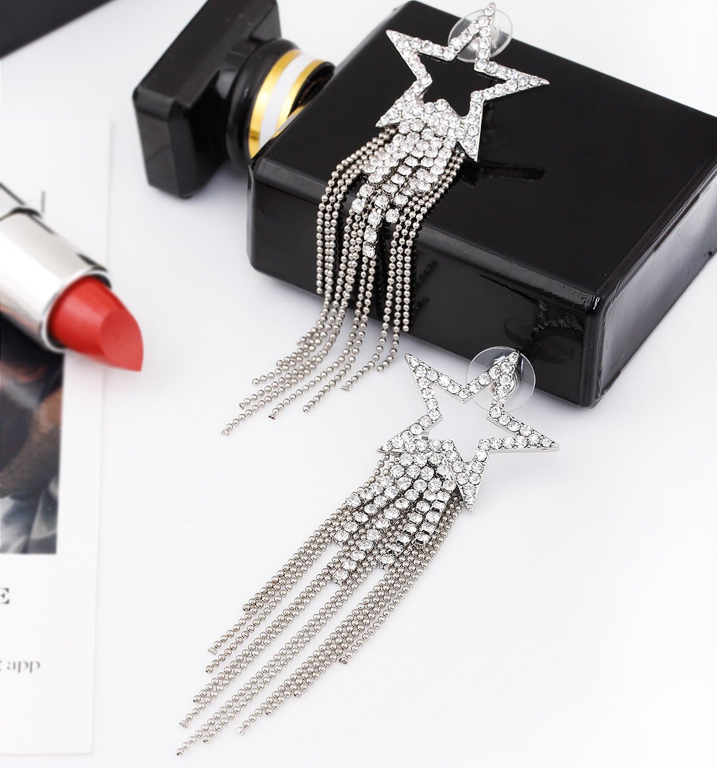 Women’s Tassel Earrings Star Ear Stud Pave Crystal Dangle Earrings Boho Waterfall Beaded Fringe Drop Earring