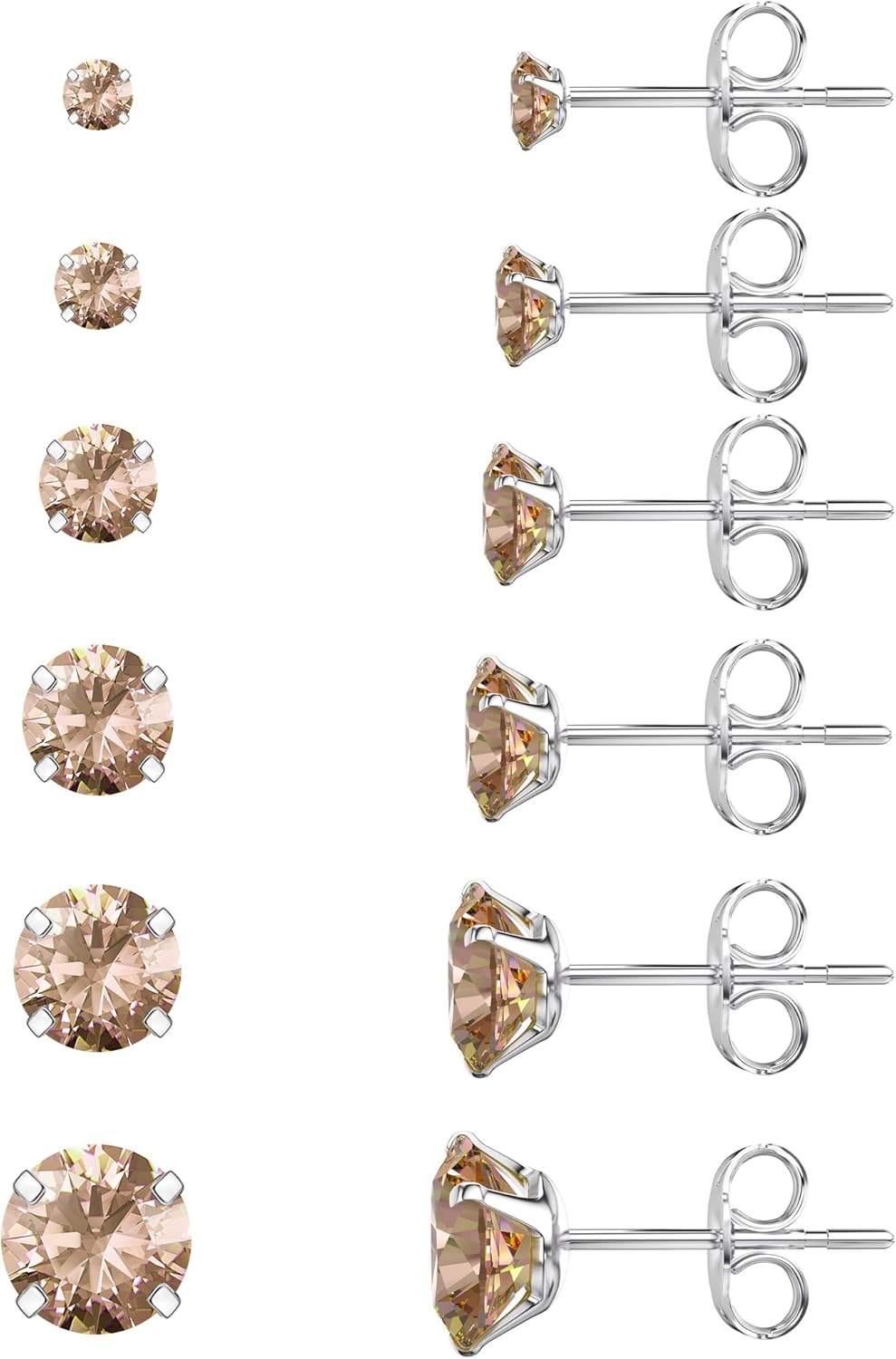 5 Pairs Stud Earrings Set, Hypoallergenic Cubic Zirconia 316L Earrings Stainless Steel CZ Earrings 3-8mm (Steel color)