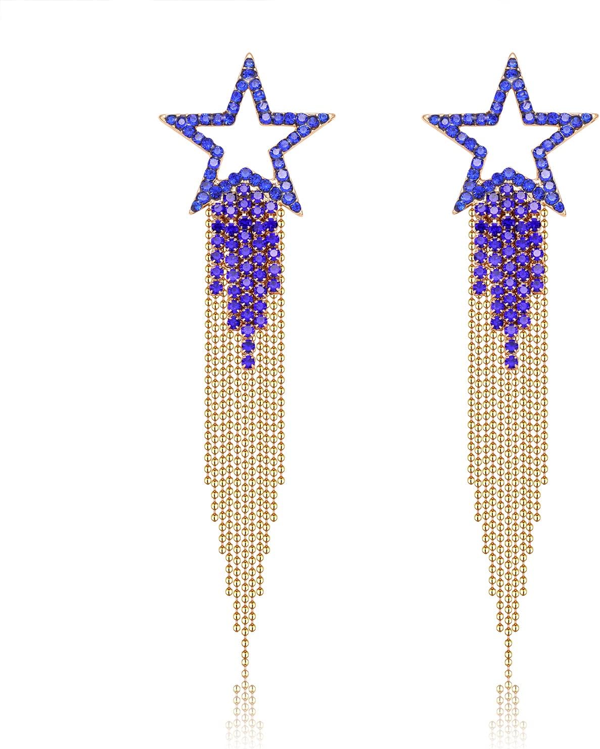 Women’s Tassel Earrings Star Ear Stud Pave Crystal Dangle Earrings Boho Waterfall Beaded Fringe Drop Earring