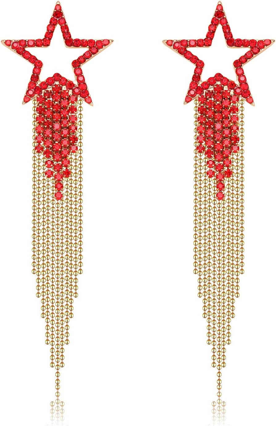 Women’s Tassel Earrings Star Ear Stud Pave Crystal Dangle Earrings Boho Waterfall Beaded Fringe Drop Earring