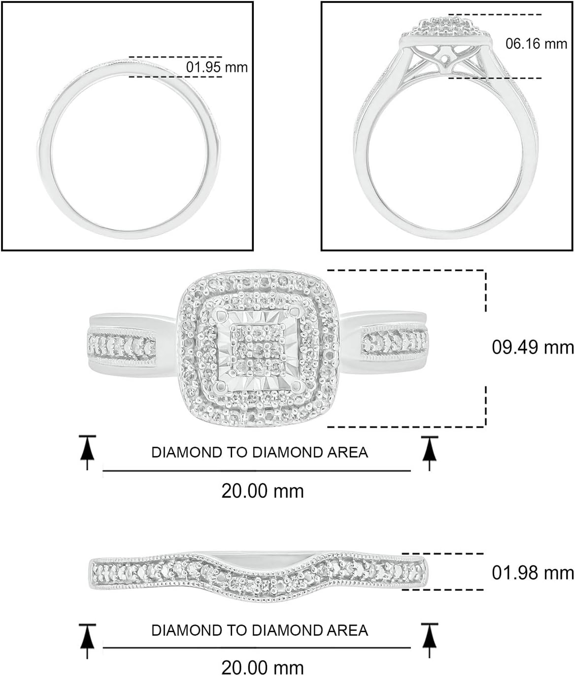 1/5cttw Diamond Wedding Ring Set for Women in 925 Sterling Silver, Square Halo White & Black Diamond Cluster options Engagement Ring with Matching Half Eternity Diamond Wedding Band. Bridal Ring Set